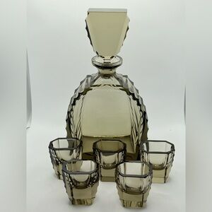 Art Deco Czech Moser Style Cut Smoke Glass Decanter & Shot Glass Set